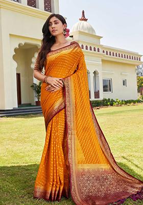 Mustard Yellow Floral Print Banarasi Silk Saree Set