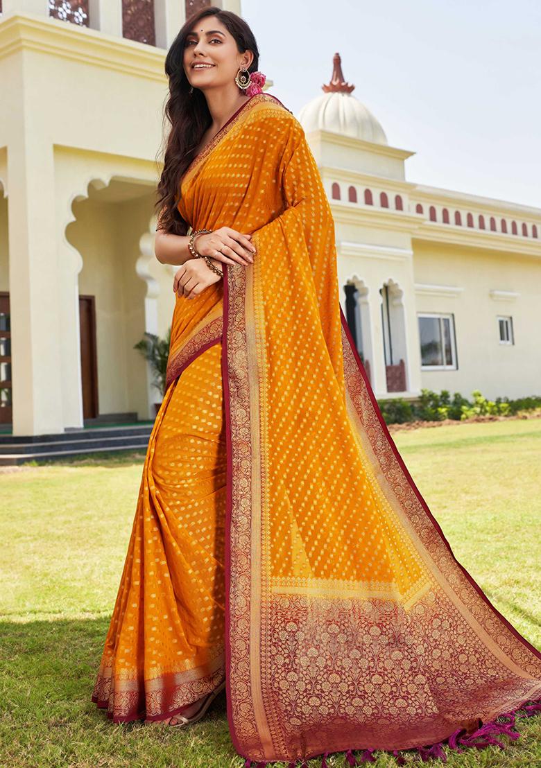 Mustard Yellow Floral Print Banarasi Silk Saree Set