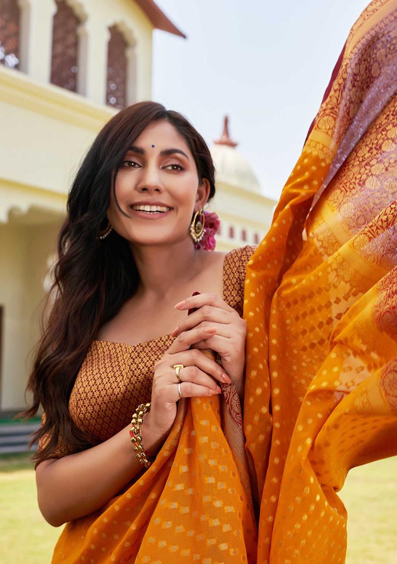 Mustard Yellow Floral Print Banarasi Silk Saree Set