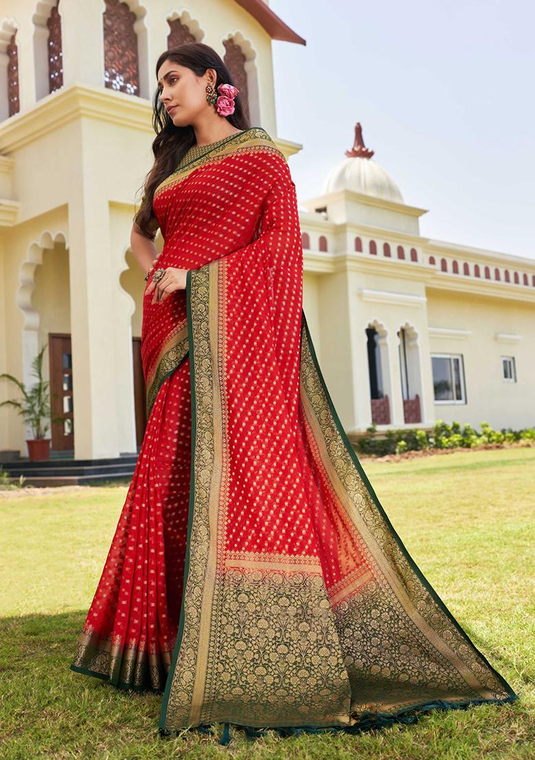 Red Floral Print Banarasi Silk Saree Set