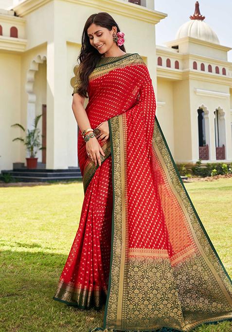 Red Floral Print Banarasi Silk Saree Set