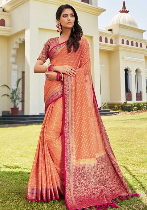 Peach Floral Print Banarasi Silk Saree Set