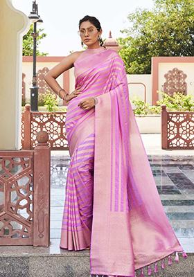 Light Pink Zari Work Blended Silk Saree Set