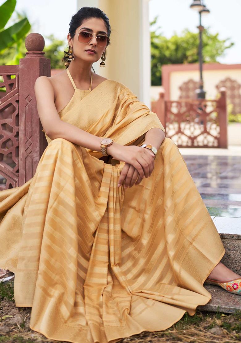 Beige Zari Work Blended Silk Saree Set