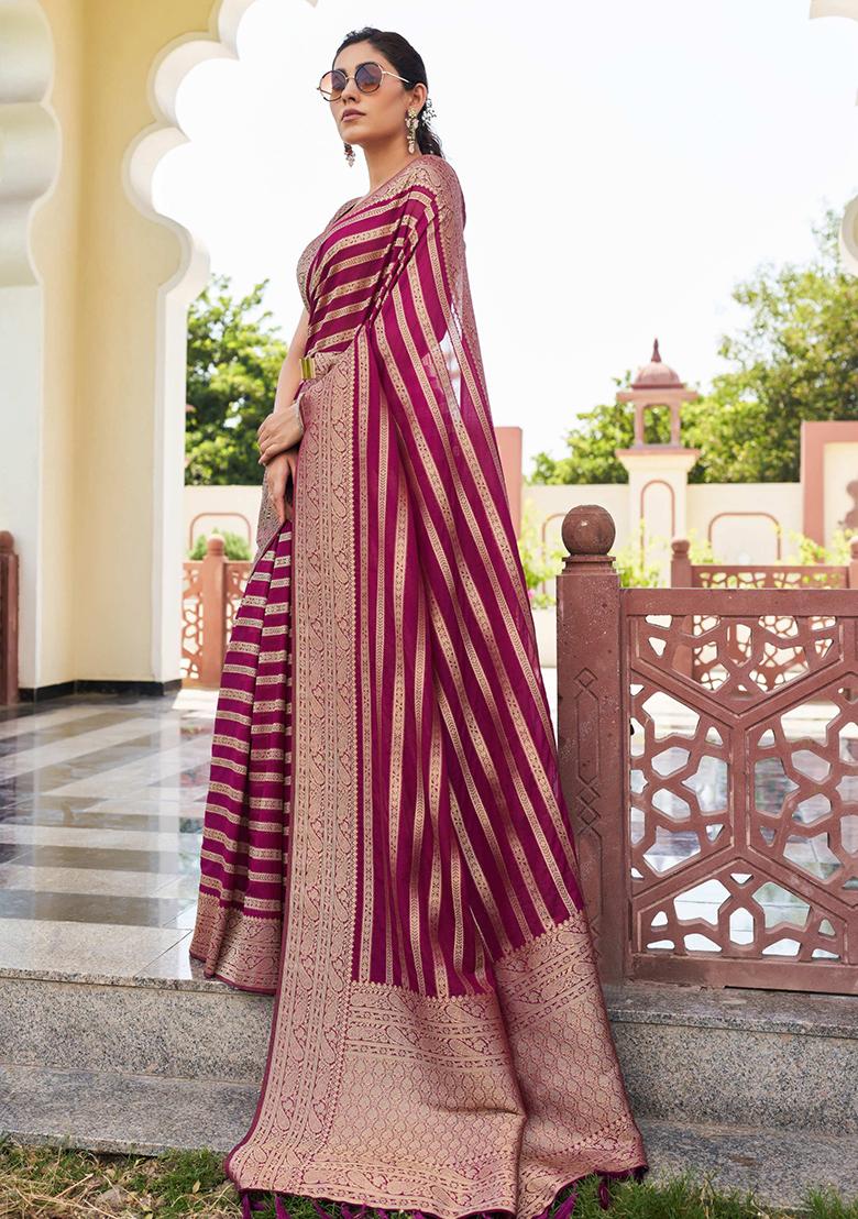 Wine Zari Work Blended Silk Saree Set