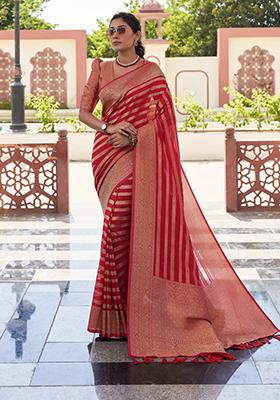 Red Zari Work Blended Silk Saree Set