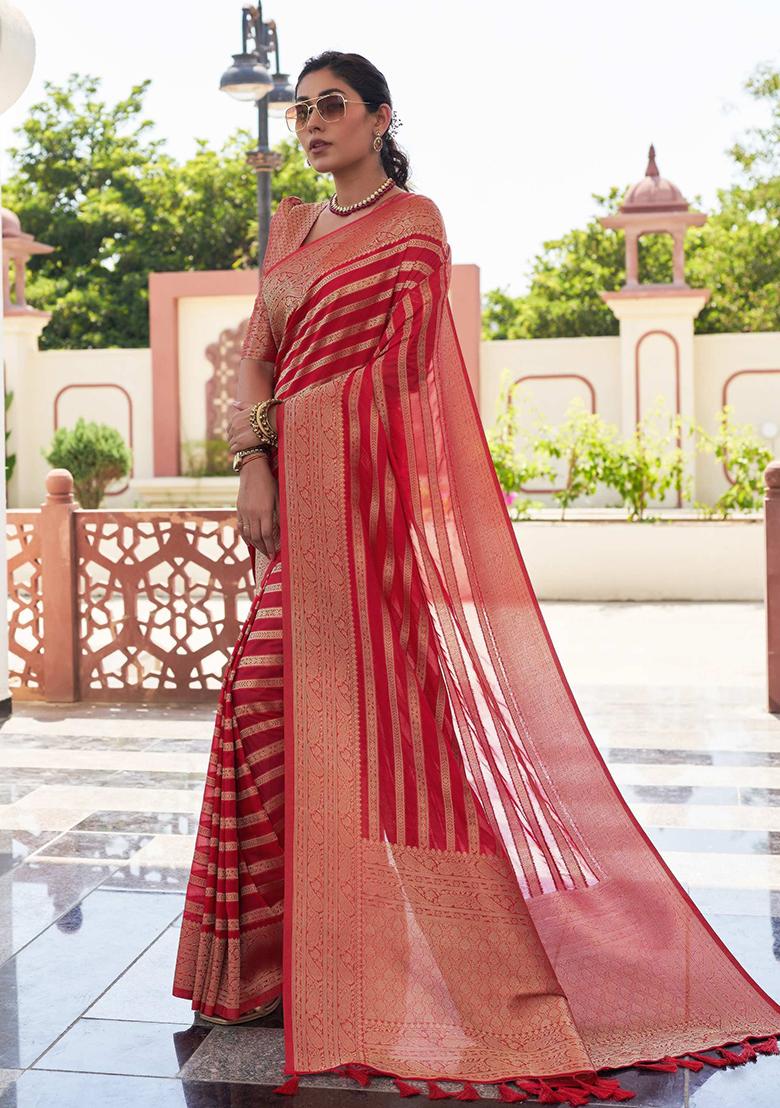 Red Zari Work Blended Silk Saree Set