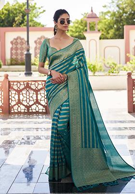 Teal Blue Zari Work Blended Silk Saree Set