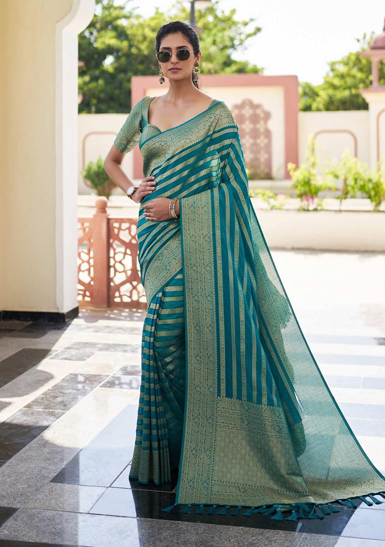 Teal Blue Zari Work Blended Silk Saree Set