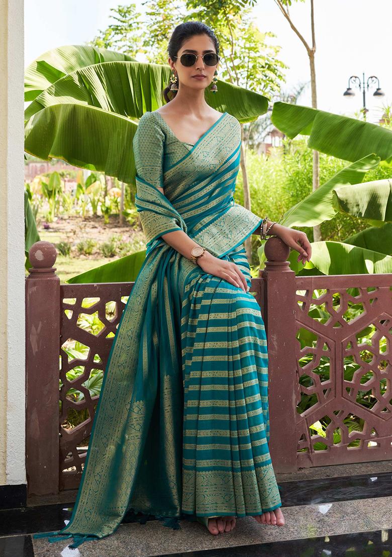 Teal Blue Zari Work Blended Silk Saree Set