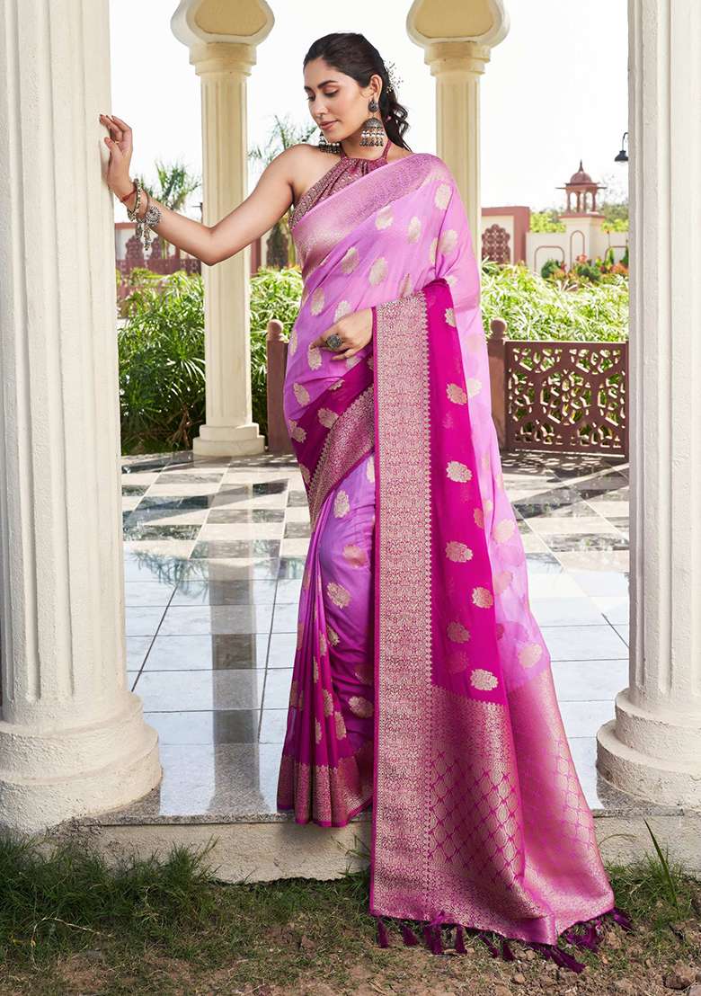 Lilac Zari Work Blended Silk Blend Saree Set for Diwali and Festive Wear - Indya