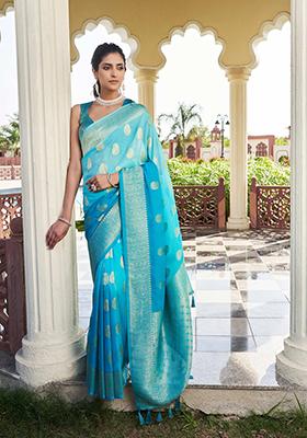 Aqua Blue Zari Work Blended Silk Saree Set