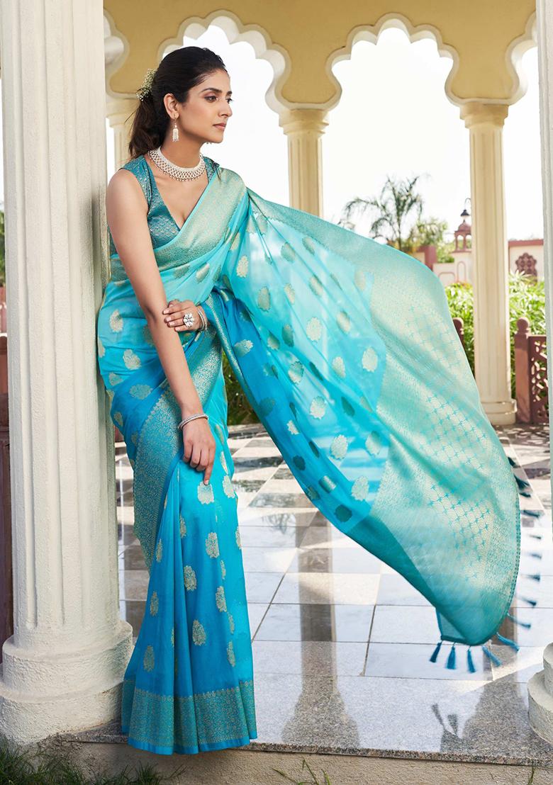 Aqua Blue Zari Work Blended Silk Saree Set