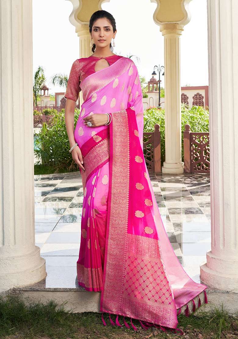 Pink Blended Silk Blend Saree Set with Zari Work for Diwali | Wedding & Festive Wear - Indya