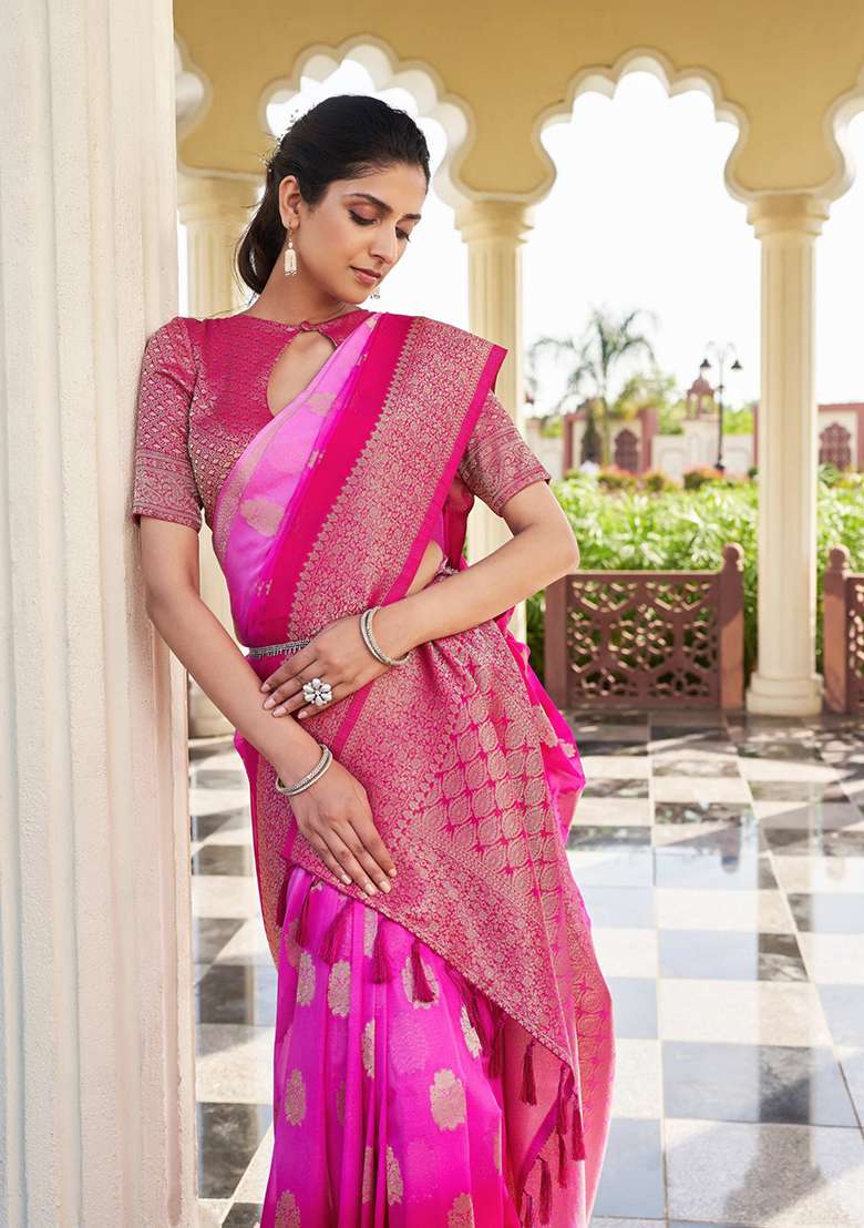 Pink Blended Silk Blend Saree Set with Zari Work for Diwali | Wedding & Festive Wear - Indya