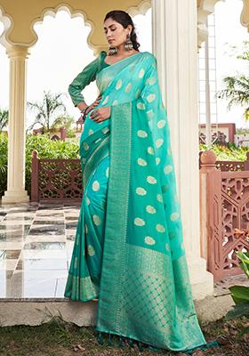 Sea Green Zari Work Blended Silk Saree Set