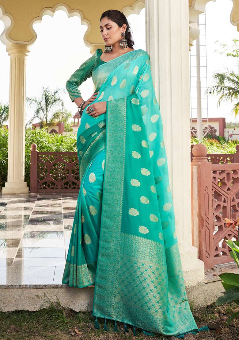 Sea Green Zari Work Blended Silk Blend Saree Set for Diwali and Festive Wear - Indya