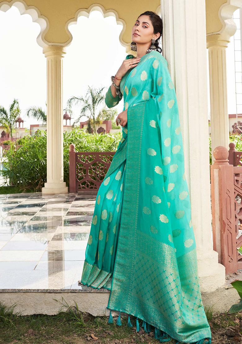 Sea Green Zari Work Blended Silk Saree Set