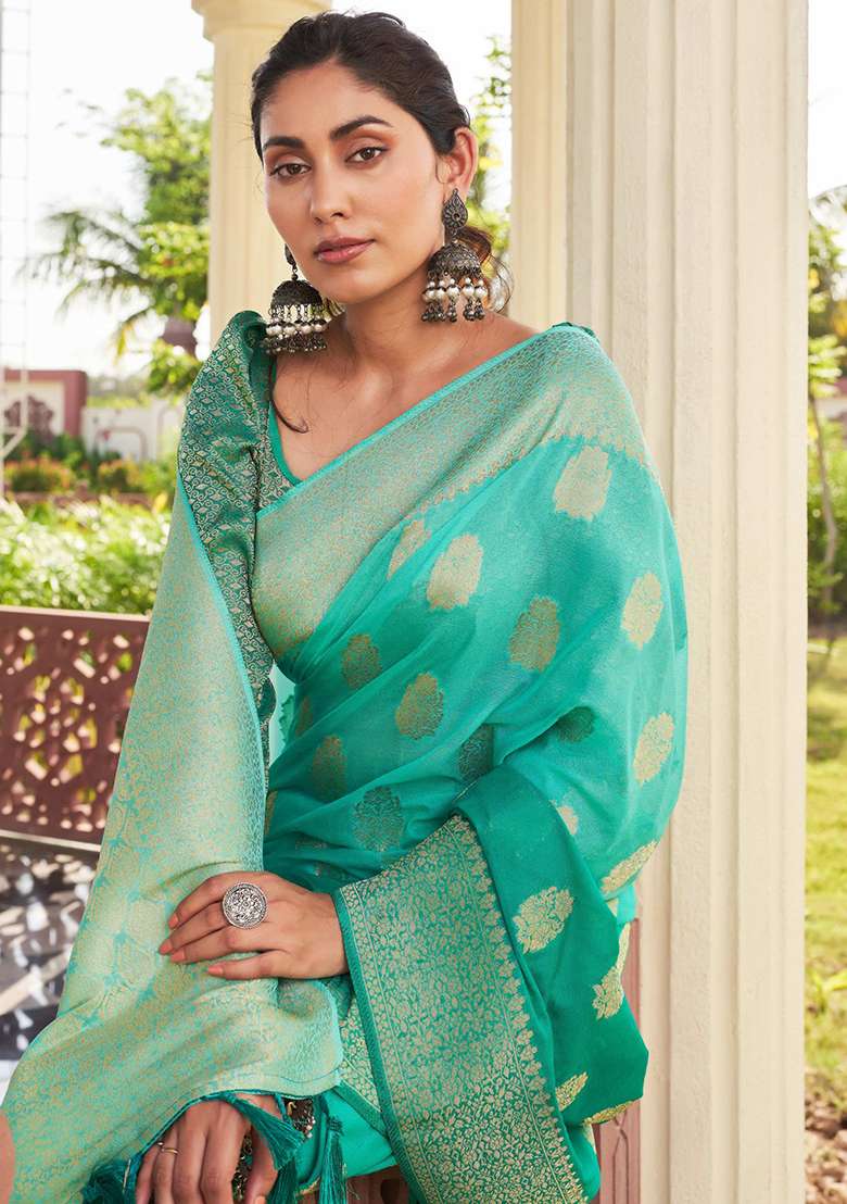 Sea Green Zari Work Blended Silk Blend Saree Set for Diwali and Festive Wear - Indya