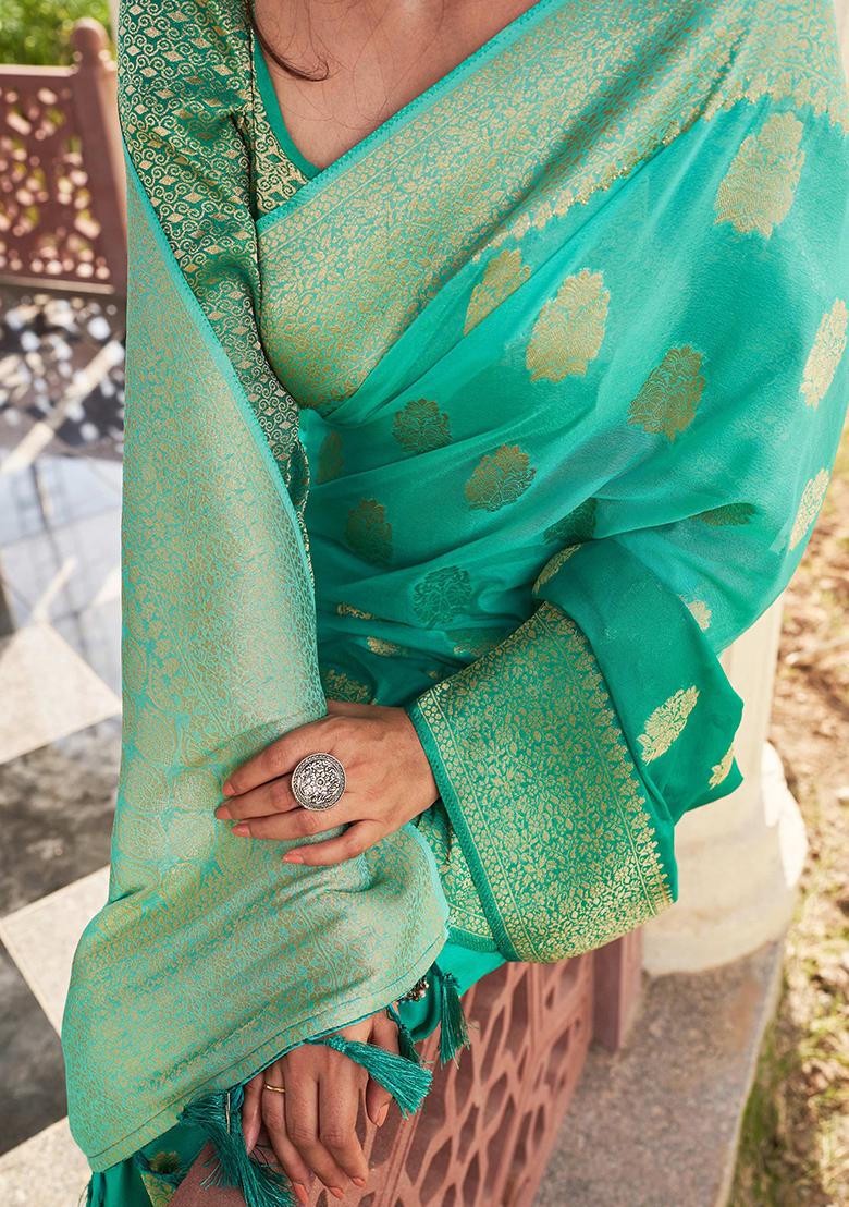 Sea Green Zari Work Blended Silk Saree Set