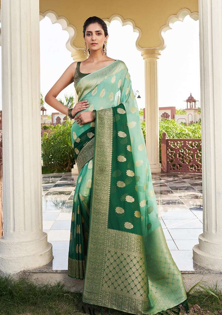 Green Blended Silk Blend Saree Set with Zari Work for Diwali | Wedding & Festive Wear - Indya