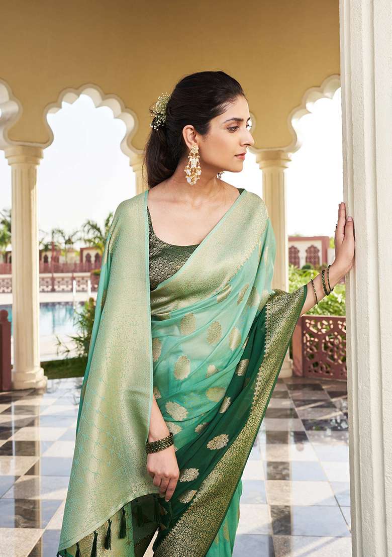 Green Blended Silk Blend Saree Set with Zari Work for Diwali | Wedding & Festive Wear - Indya