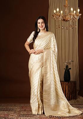 Cream Zari Embroidered Satin Saree Set