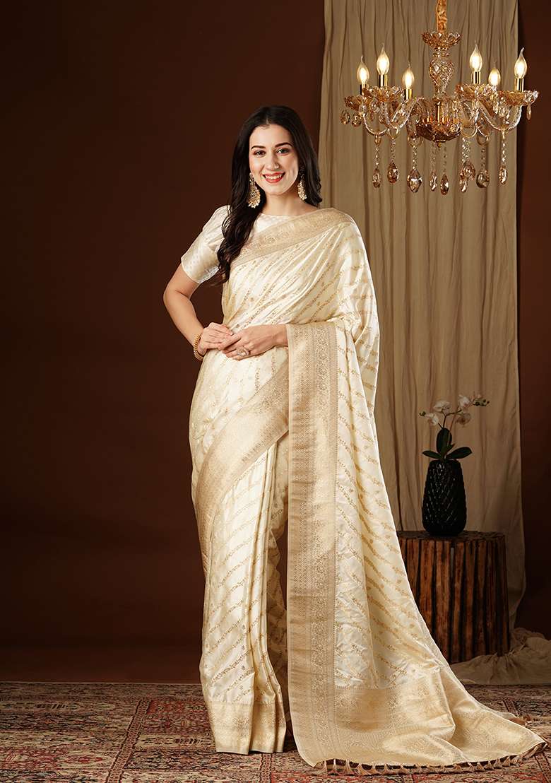 Cream Zari Embroidered Satin Saree Set - Indya