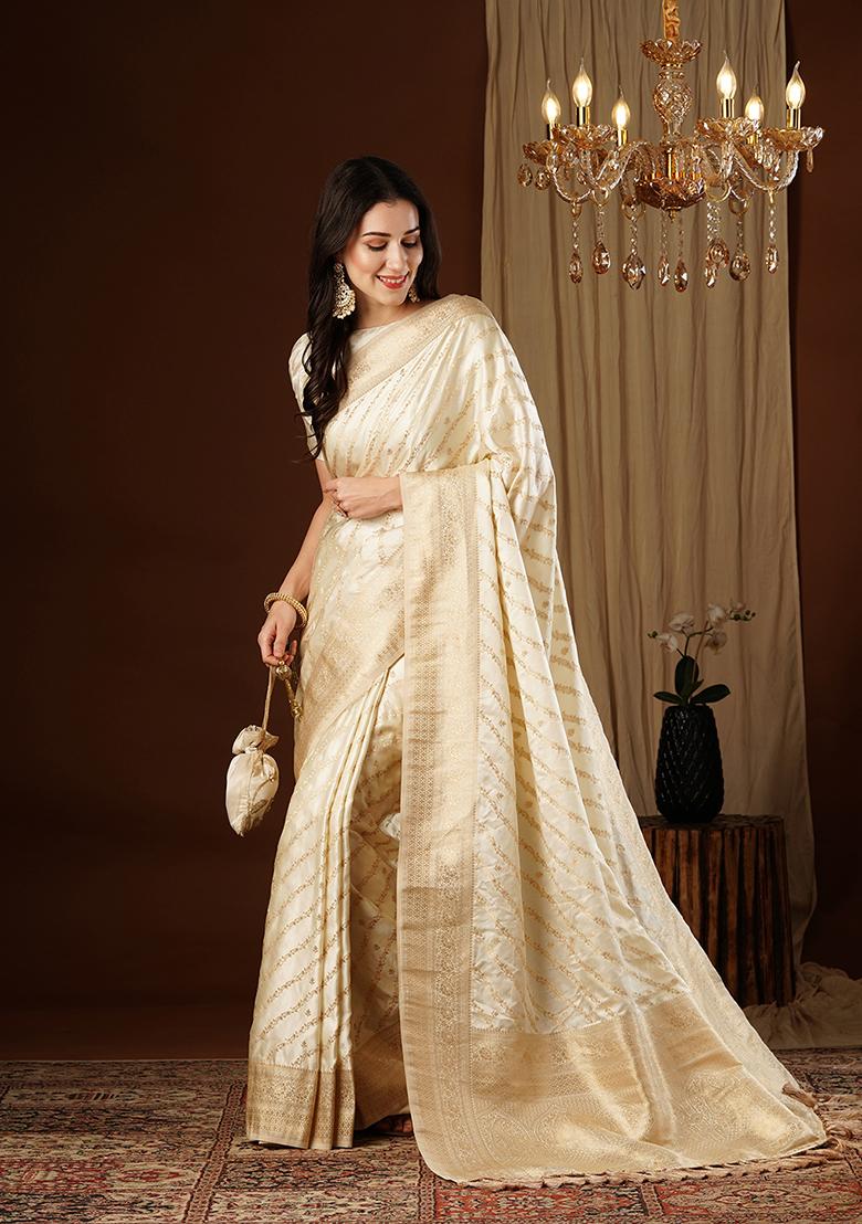 Cream Zari Embroidered Satin Saree Set
