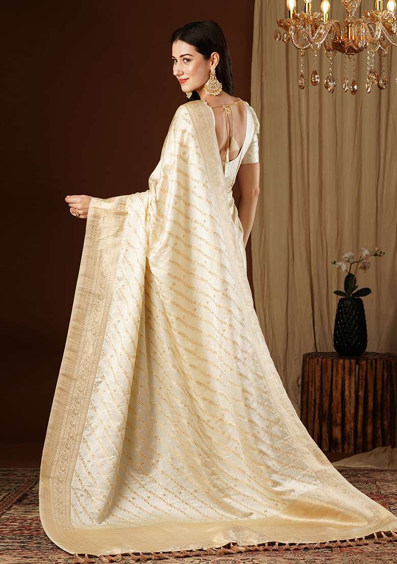 Cream Zari Embroidered Satin Saree Set - Indya