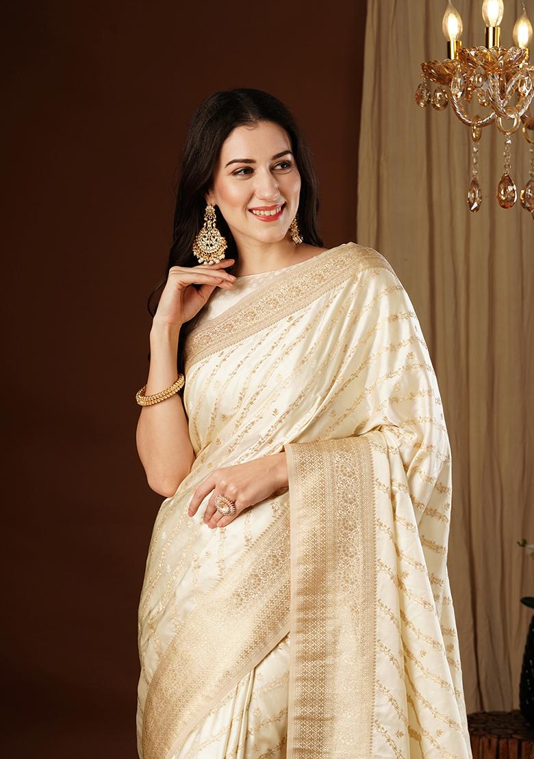 Cream Zari Embroidered Satin Saree Set
