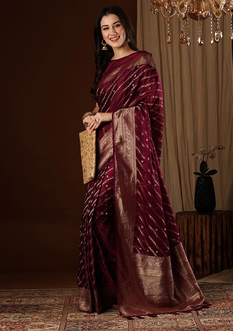 Maroon Zari Embroidered Satin Saree Set