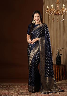  Light Blue Zari Embroidered Satin Saree Set