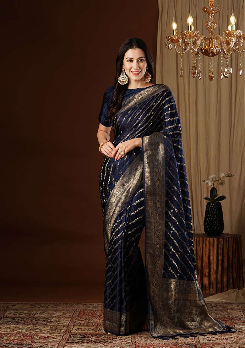  Light Blue Zari Embroidered Satin Saree Set - Indya