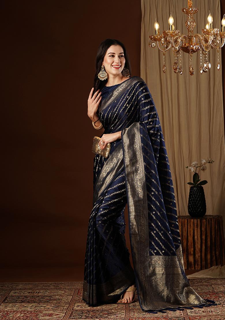  Light Blue Zari Embroidered Satin Saree Set