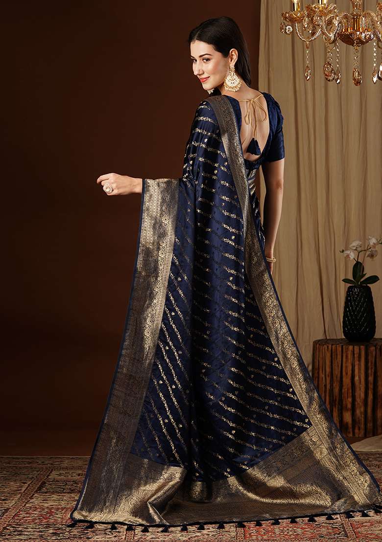  Light Blue Zari Embroidered Satin Saree Set - Indya