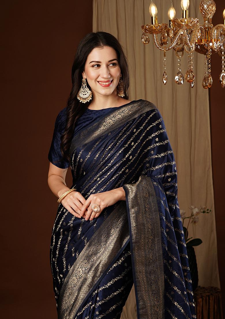  Light Blue Zari Embroidered Satin Saree Set