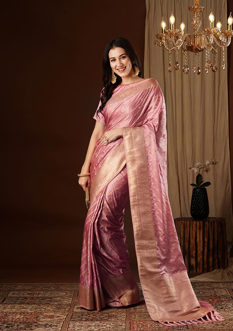 Peach Zari Embroidered Satin Saree Set