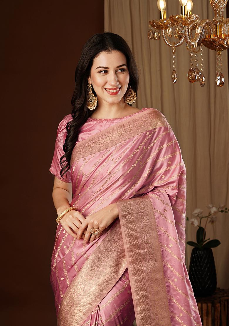Peach Zari Embroidered Satin Saree Set