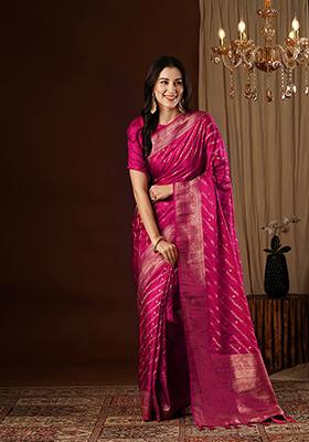 Rani Pink Zari Embroidered Satin Saree Set