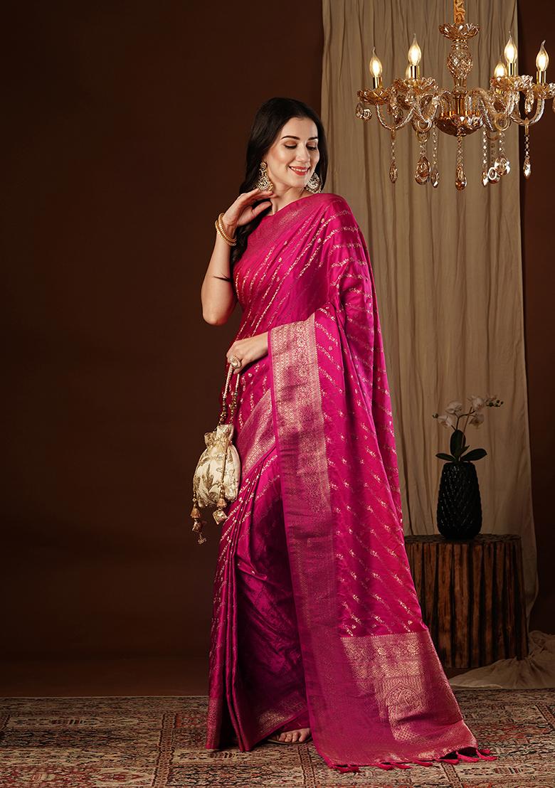 Rani Pink Zari Embroidered Satin Saree Set