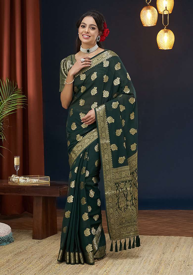 Green  Floral Print Georgette Saree Set - Indya