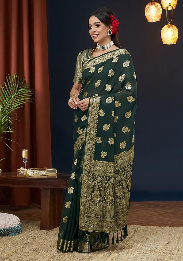 Green  Floral Print Georgette Saree Set