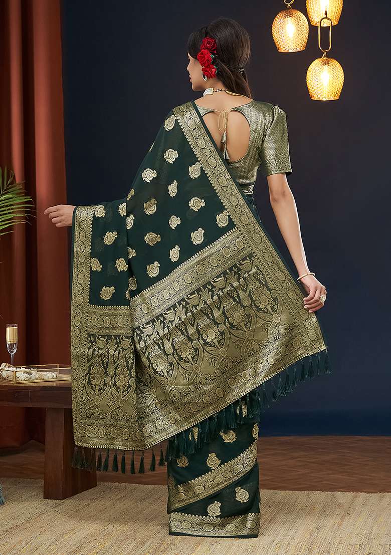 Green  Floral Print Georgette Saree Set - Indya
