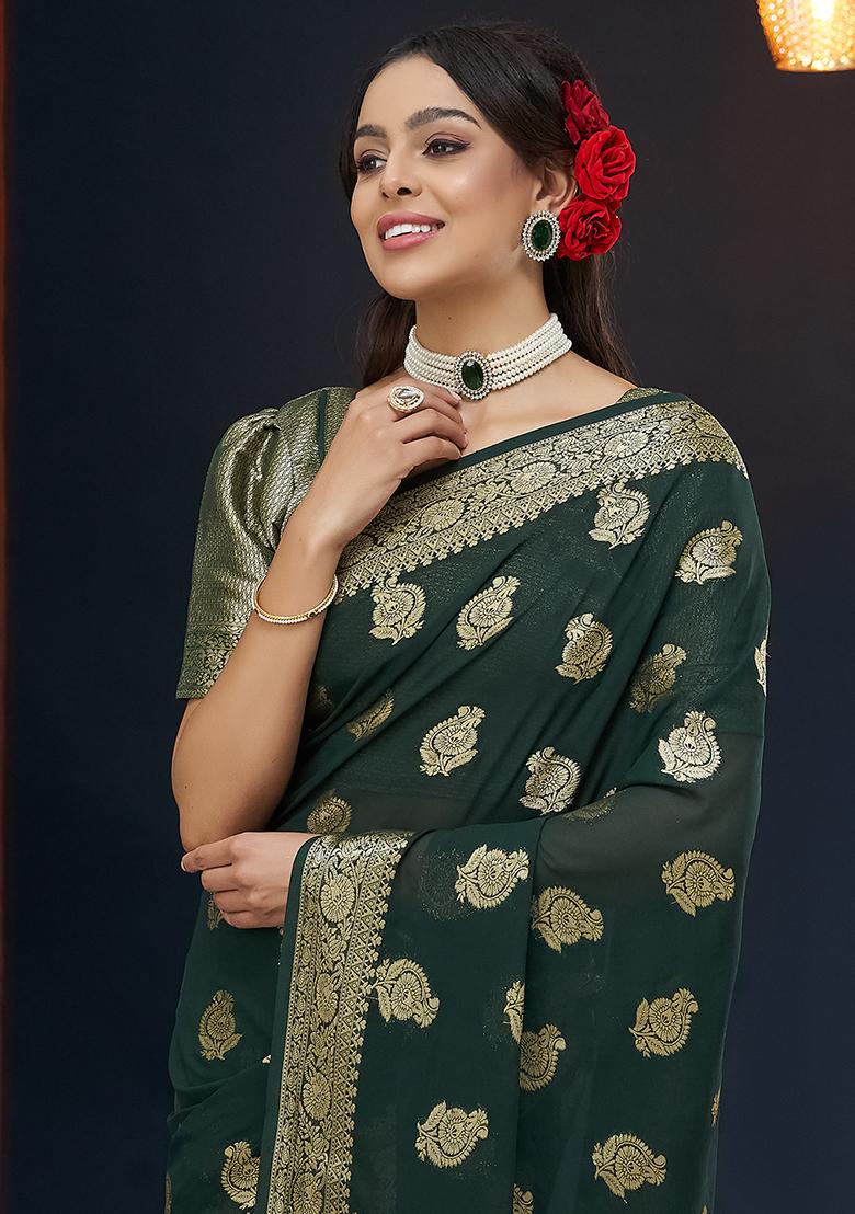 Green  Floral Print Georgette Saree Set