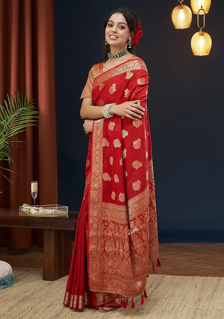 Red Floral Print Georgette Saree Set