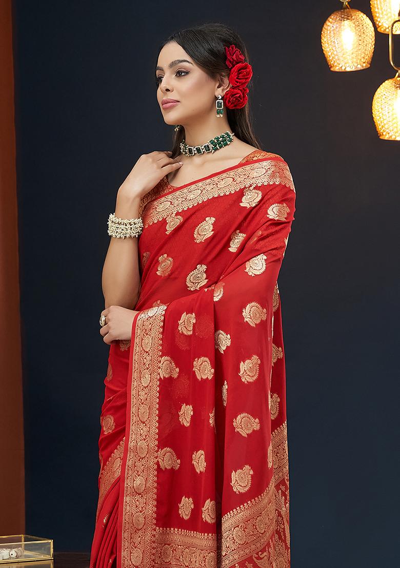 Red Floral Print Georgette Saree Set