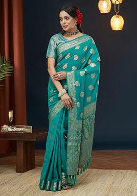 Aqua Blue Floral Print Georgette Saree Set