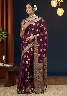 Wine Floral Print Georgette Saree Set