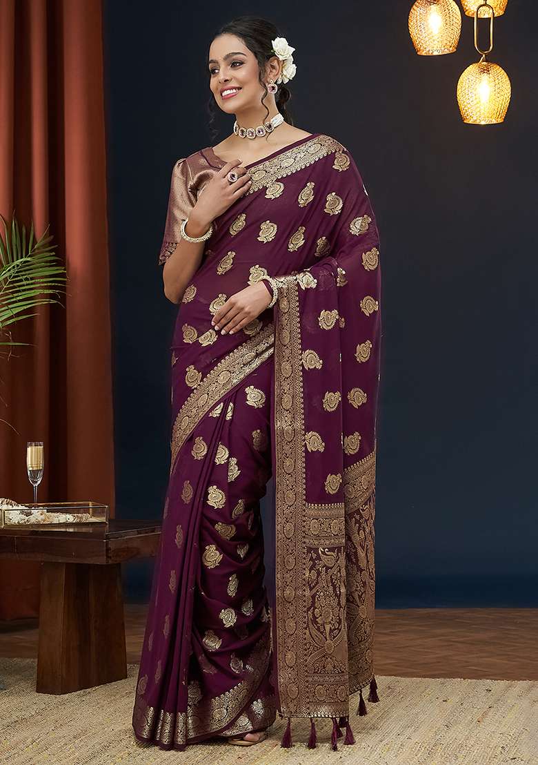 Wine Floral Print Georgette Saree Set - Indya